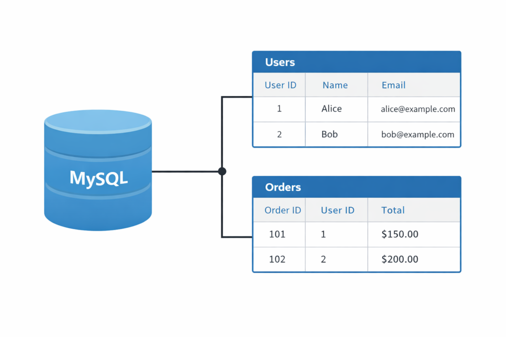 Diagram konsep dasar MySQL dengan relasi tabel database
