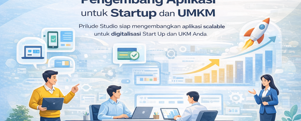 Pengembang Aplikasi Start Up untuk startup dan UMKM dengan ilustrasi tim profesional mengembangkan aplikasi scalable dan solusi digital bisnis