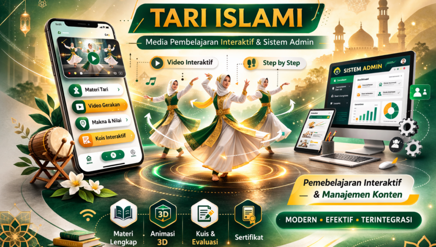 Aplikasi Media Tari Islami berbasis mobile dengan fitur video interaktif, materi lengkap, kuis evaluasi, dan sistem admin berbasis web untuk sekolah dan kampus.