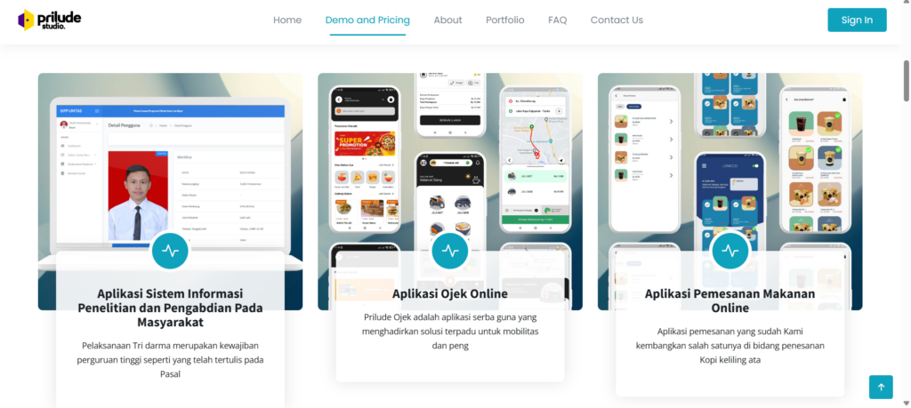Tampilan aplikasi dan sistem digital berbasis web yang dikembangkan oleh Prilude Studio