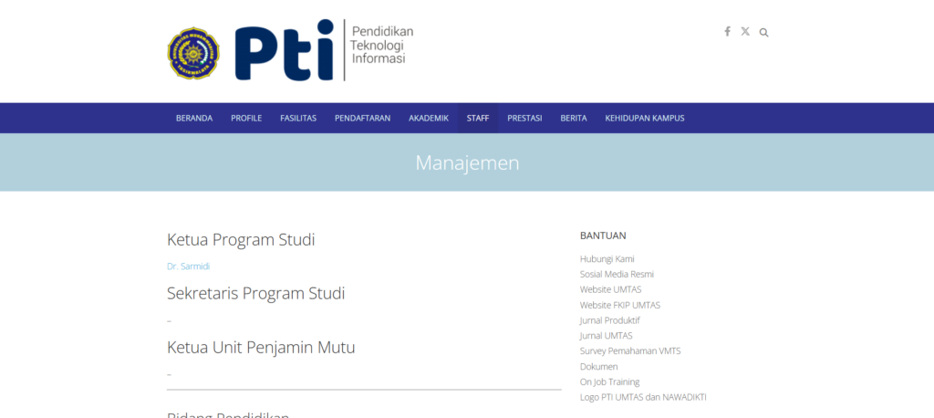 Website company profile Program Studi Pendidikan Teknologi Informasi UMTAS yang menampilkan halaman manajemen sebagai contoh website institusi pendidikan