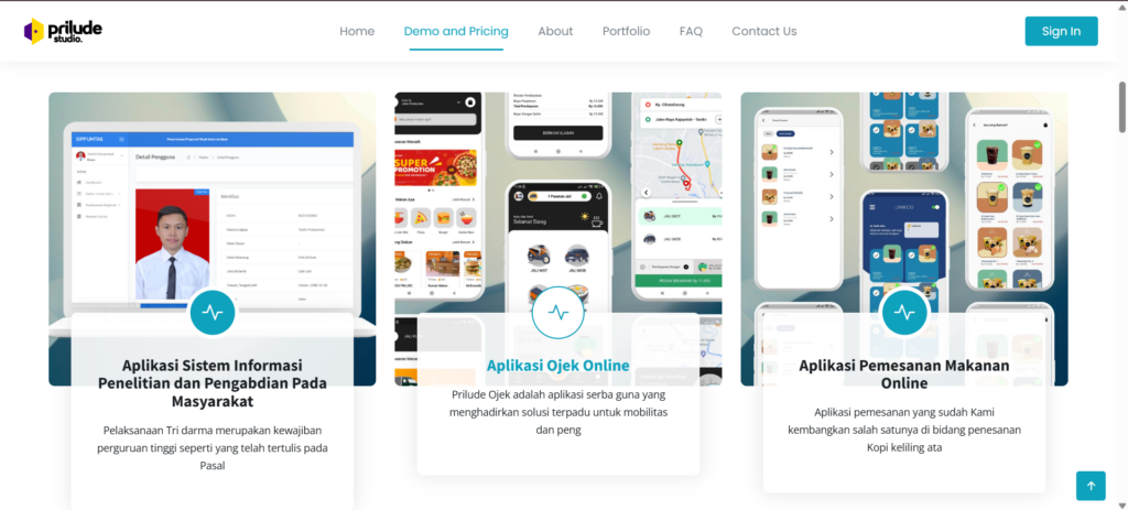 Portofolio aplikasi yang dikembangkan oleh Prilude Studio mencakup sistem informasi, aplikasi ojek online, hingga aplikasi pemesanan makanan yang dirancang sesuai kebutuhan bisnis.