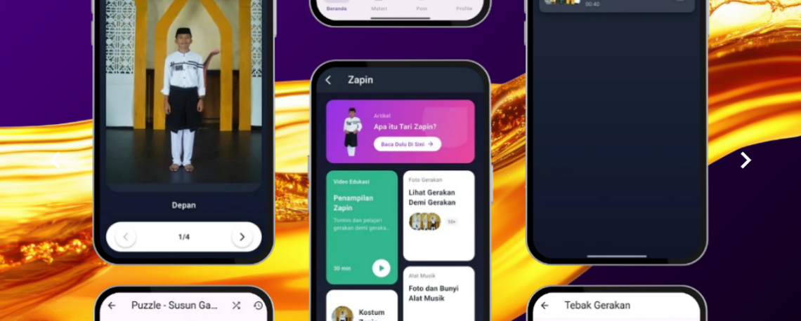 Tampilan aplikasi Media Tari Islami menampilkan materi Tari Zapin, video edukasi, gerakan langkah demi langkah, dan fitur kuis interaktif berbasis mobile.