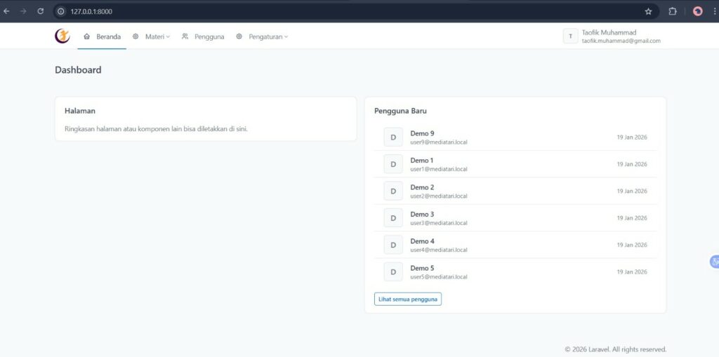 Dashboard aplikasi Media Tari Islami berbasis web menampilkan ringkasan halaman dan daftar pengguna baru pada sistem admin Laravel