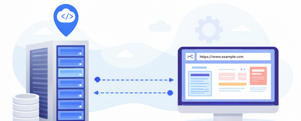 Ilustrasi aplikasi berbasis web yang menampilkan koneksi antara server cloud dan pengguna melalui browser di berbagai perangkat seperti laptop