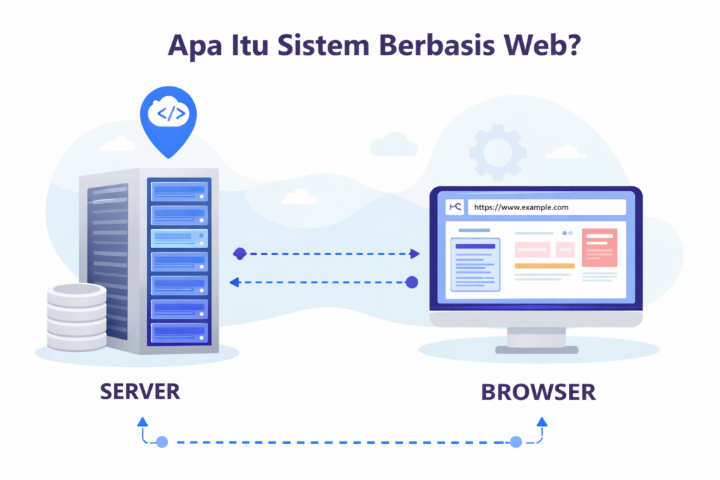 Ilustrasi aplikasi berbasis web yang menunjukkan koneksi antara server dan browser dalam sistem operasional bisnis digital.