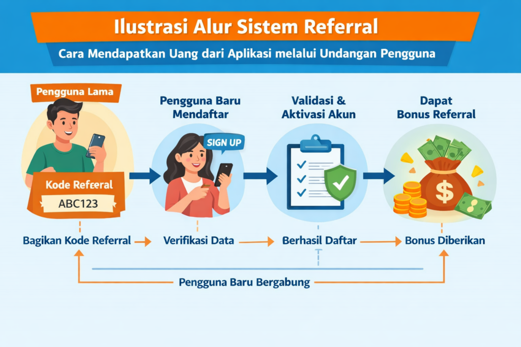Ilustrasi alur sistem referral yang menunjukkan cara mendapatkan uang dari aplikasi melalui undangan pengguna