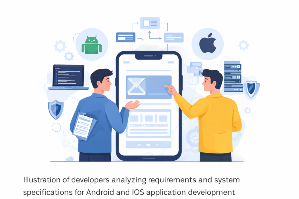 Ilustrasi tim pengembang menganalisis kebutuhan dan spesifikasi sistem aplikasi mobile untuk platform Android dan iOS.