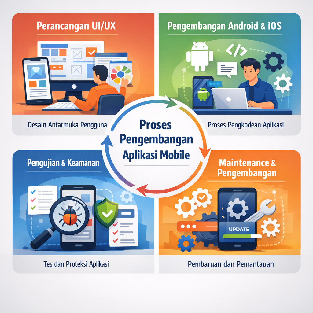 Infografis proses developer aplikasi mobile meliputi perancangan UI/UX, pengembangan Android dan iOS, pengujian keamanan, serta maintenance dan pengembangan lanjutan.