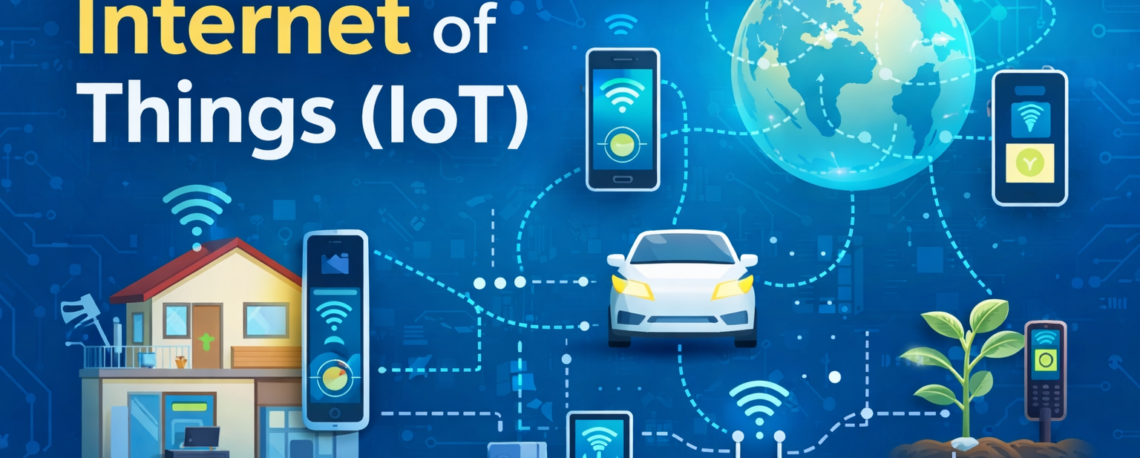 Ilustrasi perangkat pintar yang saling terhubung melalui internet dalam konsep Internet of Things