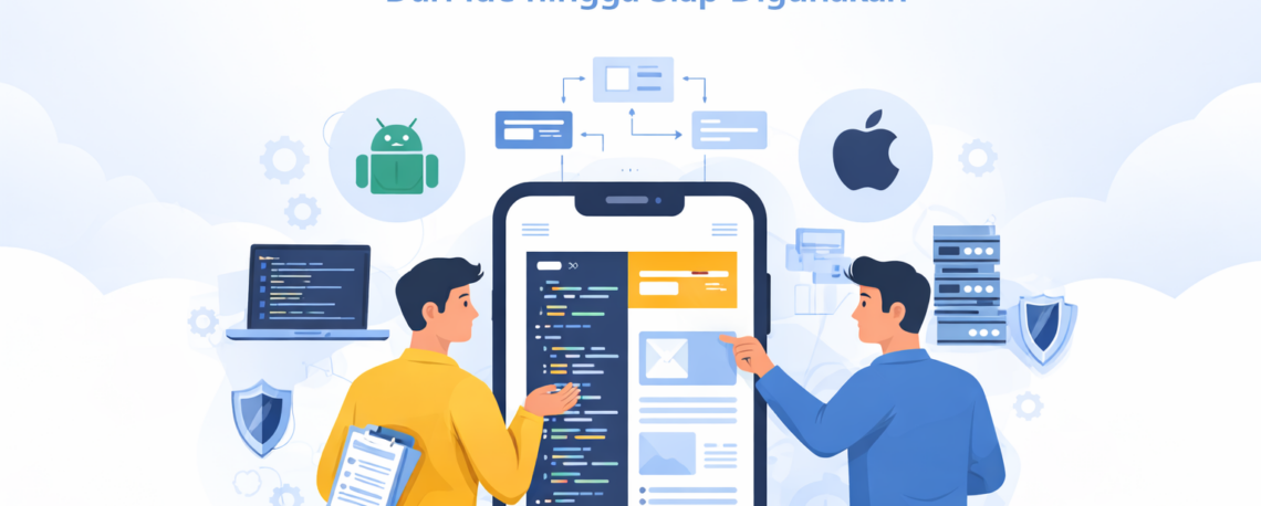 Proses pembuatan aplikasi mobile dari ide, desain UI UX, pengembangan, hingga pengujian oleh tim developer profesional