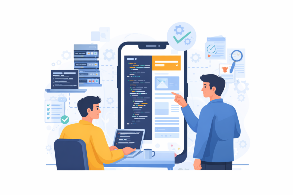 Ilustrasi pengembangan aplikasi mobile oleh tim developer menggunakan kode dan antarmuka aplikasi