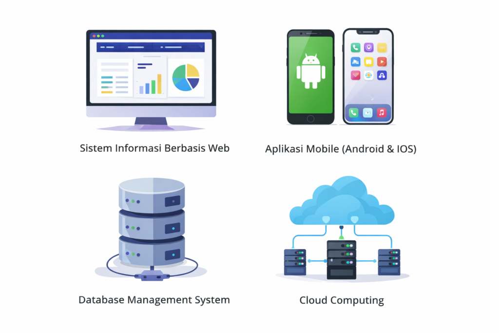 ilustrasi sistem informasi dan aplikasi digital meliputi sistem informasi berbasis web, aplikasi mobile android dan ios, database management system, serta cloud computing
