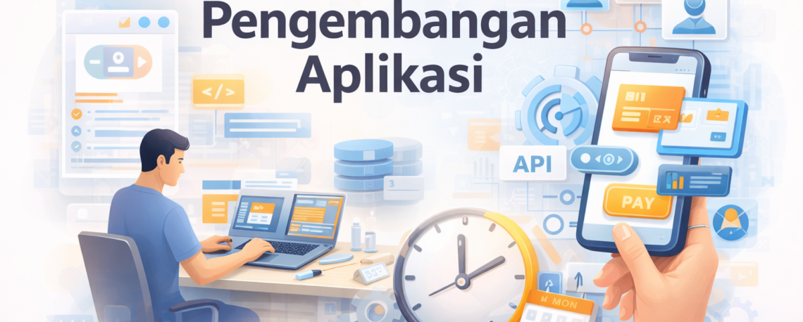 Ilustrasi lama pengembangan aplikasi dengan developer, sistem API, database, dan estimasi waktu pengerjaan.