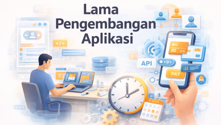 Ilustrasi lama pengembangan aplikasi dengan developer, sistem API, database, dan estimasi waktu pengerjaan.
