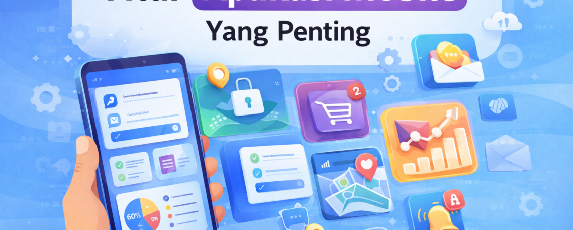 Fitur aplikasi mobile penting seperti login, notifikasi, dashboard analitik, dan integrasi sistem dalam pengembangan aplikasi modern