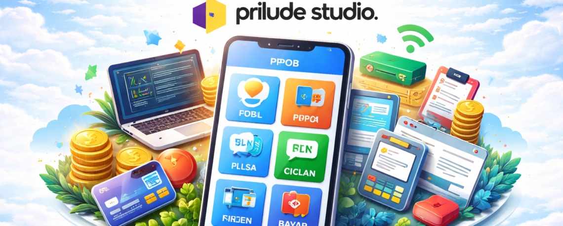 Ilustrasi membuat aplikasi PPOB dengan smartphone yang menampilkan layanan pembayaran digital dan logo Prilude Studio