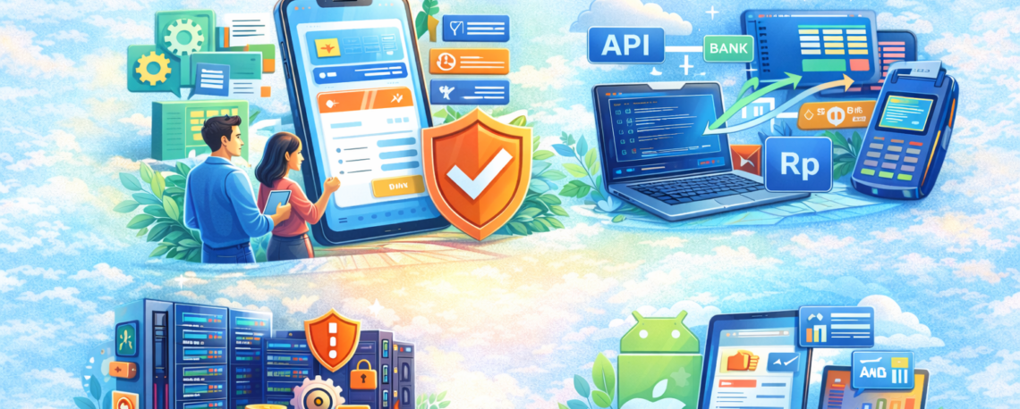 Ilustrasi faktor yang memengaruhi biaya aplikasi PPOB di Indonesia seperti kompleksitas fitur, integrasi sistem pembayaran, infrastruktur server dan keamanan, serta platform aplikasi.