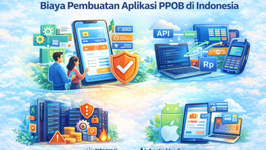 Ilustrasi faktor yang memengaruhi biaya aplikasi PPOB di Indonesia seperti kompleksitas fitur, integrasi sistem pembayaran, infrastruktur server dan keamanan, serta platform aplikasi.