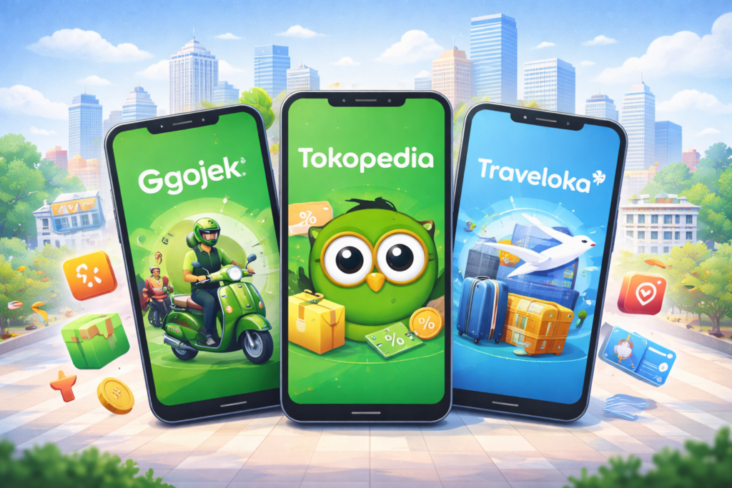 Contoh aplikasi startup sukses di Indonesia seperti Gojek, Tokopedia, dan Traveloka dalam ilustrasi aplikasi digital pada smartphone