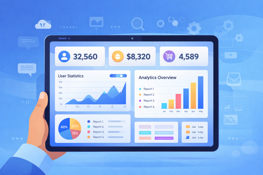Dashboard analitik data dalam aplikasi mobile yang menampilkan grafik statistik pengguna, laporan bisnis, dan visualisasi data.
