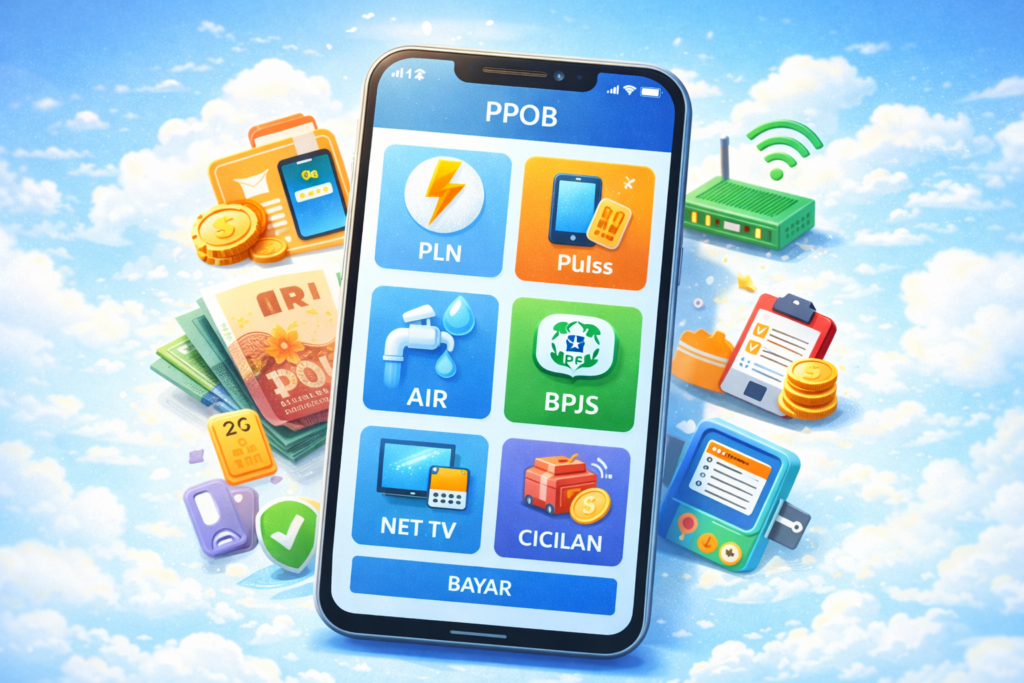 Ilustrasi aplikasi PPOB di smartphone yang menampilkan layanan pembayaran digital seperti listrik PLN, pulsa, air, BPJS, internet, dan cicilan.