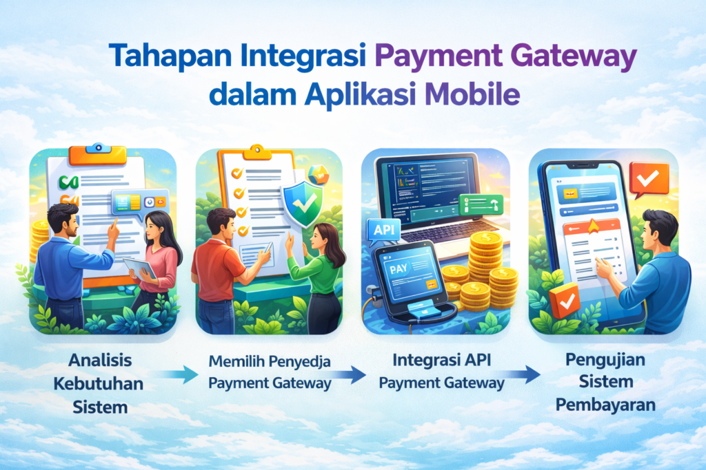 Tahapan integrasi payment gateway aplikasi mobile mulai dari analisis kebutuhan sistem, memilih penyedia payment gateway, integrasi API payment gateway, hingga pengujian sistem pembayaran.