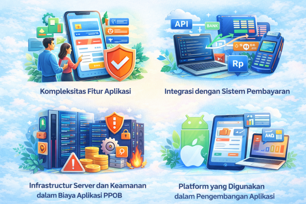 Infografis faktor yang memengaruhi biaya aplikasi PPOB meliputi kompleksitas fitur aplikasi, integrasi sistem pembayaran, infrastruktur server dan keamanan, serta platform pengembangan aplikasi seperti Android, iOS, dan web.