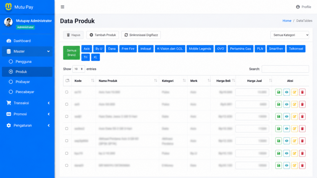 Tampilan halaman pengelolaan data produk PPOB prabayar seperti pulsa, paket data, dan token PLN.