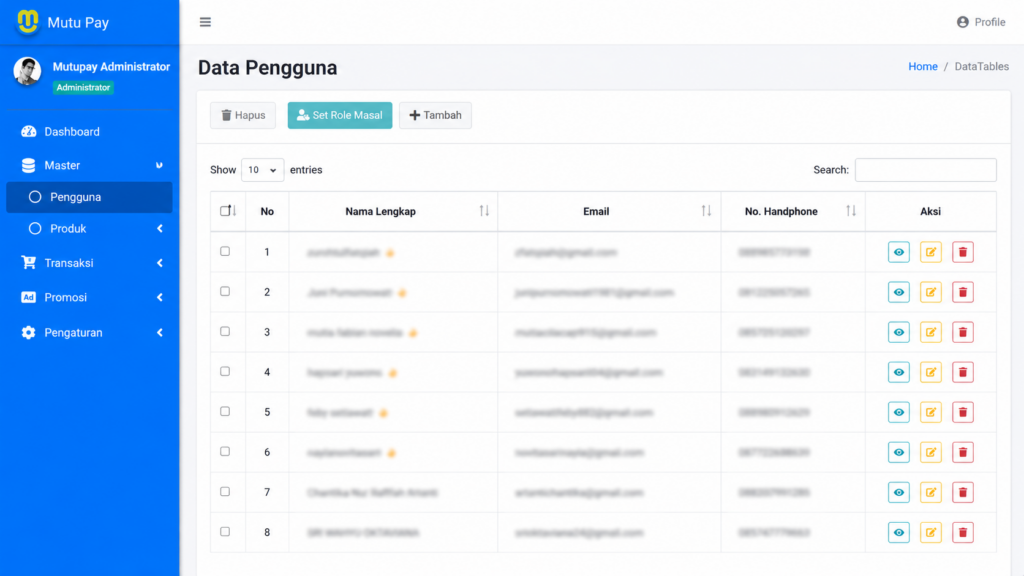 Halaman manajemen data master pengguna pada sistem admin PPOB untuk mengelola akun konsumen dan agen.