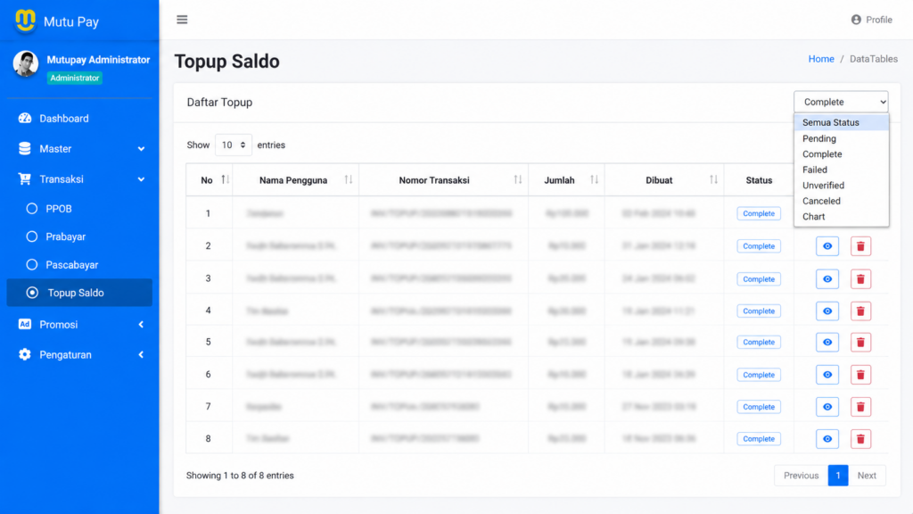 Halaman persetujuan dan pengelolaan top up deposit saldo pengguna pada dashboard admin PPOB.