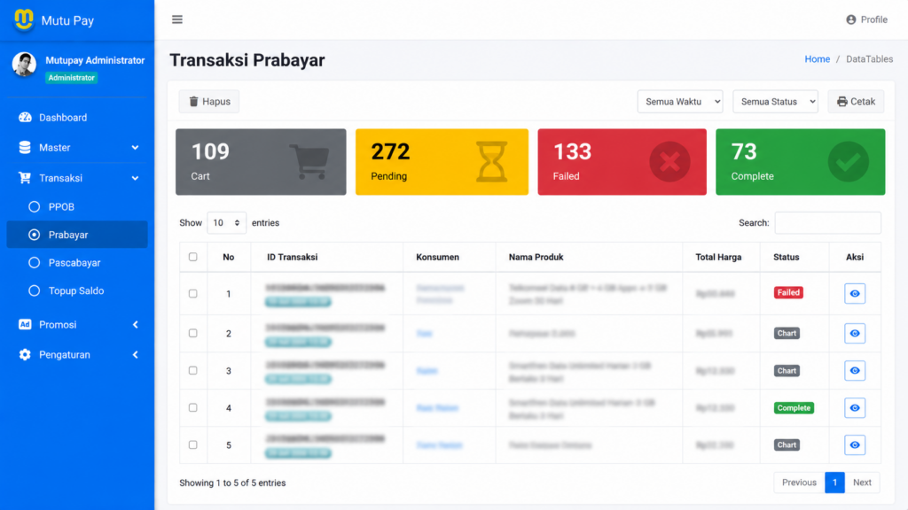 Tampilan halaman riwayat dan kelola transaksi PPOB untuk memantau status pembayaran secara real-time.