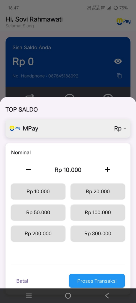 Tampilan halaman saldo dan deposit yang menunjukkan informasi saldo aktif, menu top-up, dan riwayat mutasi.