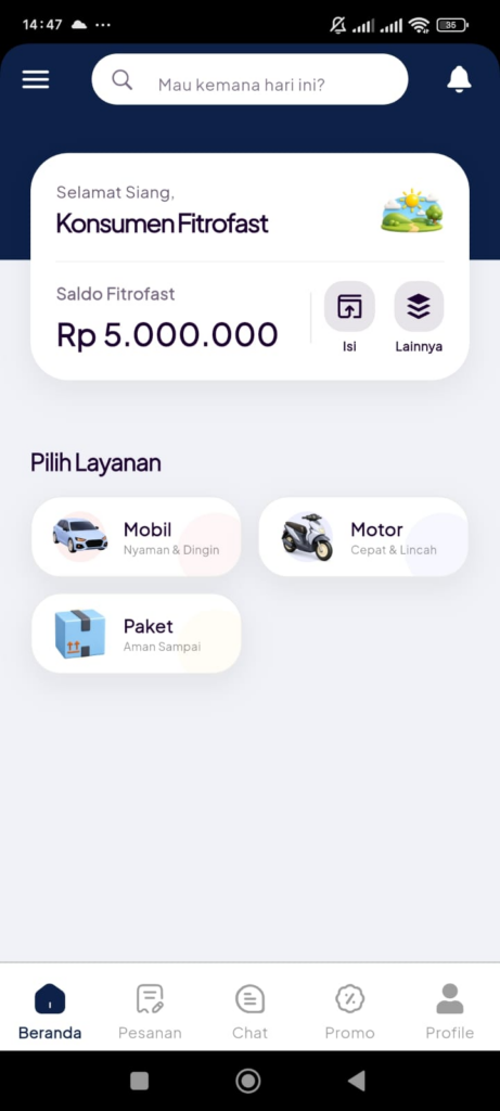 demo aplikasi ojek online tampilan dashboard konsumen
