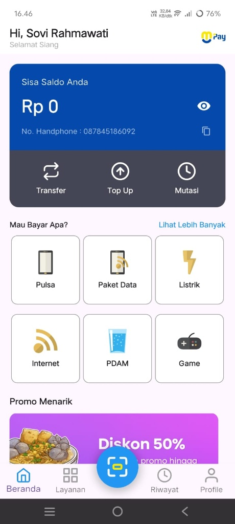 Tampilan dashboard utama aplikasi PPOB custom untuk pengguna dengan menu pulsa, PLN, PDAM, BPJS, dan e-wallet.
